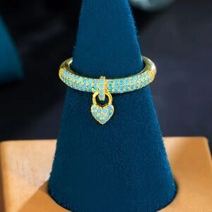 Adjustable Gold and Blue Heart Charm Ring